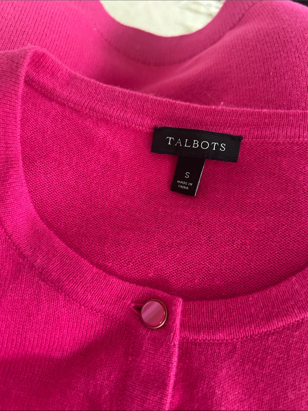 Talbots Fuchsia Cotton/Cashmete Blend Crewneck Cardigan sz S - Picture 6 of 7